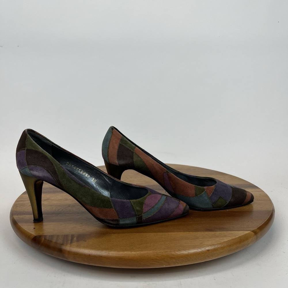 Womens Bally Vintage Ariana Patchwork Kaki Magnet Suede Pumps Heels Size 8 M